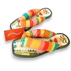Farm Rio Pineapple Rainbow Tropical Vacation Ready Puffy Flip Flop Shoes